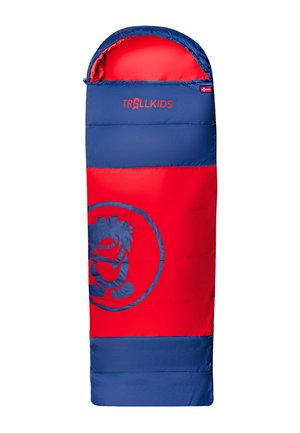 Kinderschlafsack in Rot und Blau mit Kapuze, Trollkids-Logo in Blau auf rotem Mittelteil und bedruckter Cartoonfigur innerhalb eines Kreises.