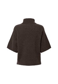 Pull en maille marron foncé à manches courtes avec un col côtelé haut, montré de dos sur fond blanc.
