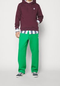 Sudadera marrón con capucha y un bolsillo frontal, sobre una camisa de rayas azul y blanca. Pantalones verdes con franjas laterales y acentos blancos.