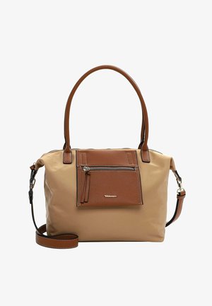 Beige Nylon Tasche mit braunen Lederakzenten, ausgestattet mit einer vorderen Reißverschlusstasche, doppelten Griffen und einem verstellbaren Schultergurt.