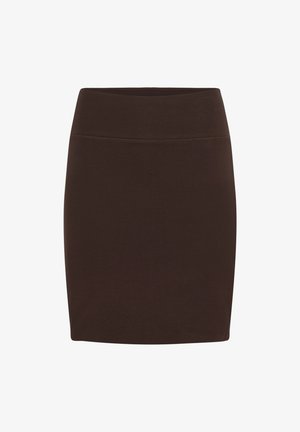 Brown, slim-fit skirt made of stretchy material, featuring a wide, elastic waistband and a smooth texture with no visible patterns.