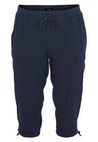 Námořnické modré capri kalhoty s žebrovaným pasem, stahovací šňůrkou, dvěma bočními kapsami a nařasenými lemy u nohavic.