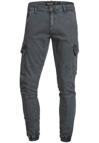 Pantaloni cargo grigi con vestibilità slim, realizzati in tessuto resistente. Presentano tasche laterali e polsini elasticizzati alla caviglia per un look affusolato.