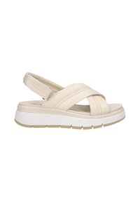 Beige leren slingback sandalen met kruislingse banden, een gevoerd voetbed en een witte platformzool met groeven voor grip.