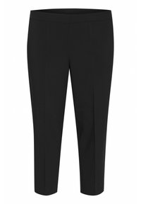 Pantalons cropped noirs avec une texture lisse, dotés d'une taille plate, d'une coupe droite et de deux poches latérales.