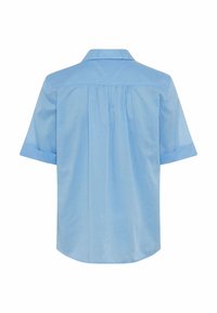Camicetta azzurra a maniche corte con yoke posteriore e pieghe, caratterizzata da un colletto classico e un orlo arrotondato. Tessuto in cotone liscio.