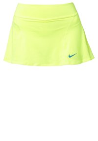 Falda deportiva de un brillante color amarillo neón con un diseño acampanado. Presenta una textura suave y un pequeño logo de Nike en azul en la parte inferior derecha delantera.