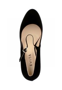 Chaussure à talon haut en daim noir avec bout pointu, design découpé et bride de cheville avec boucle argentée. Nom de la marque "EVITA" visible à l'intérieur.