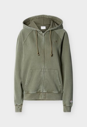 Olive green zip-up hoodie with front pockets, adjustable drawstring hood, and small logos on chest and left sleeve cuff.