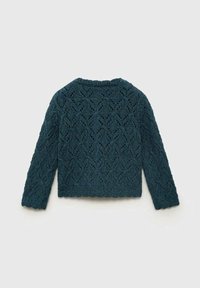 Maglione lavorato a maglia di colore teal con un intricato motivo in pizzo. Presenta maniche lunghe e un collo rotondo. L'orlo a scallop aggiunge un tocco di dettaglio.