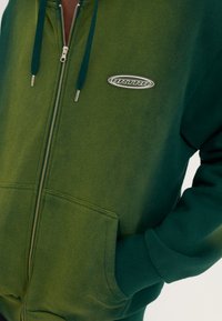 Hanorac verde cu fermoar, șnururi verde închis și un mic logo oval pe zona buzunarului de la pieptul stâng, mâna parțial în buzunar.