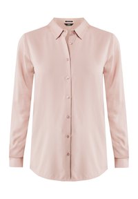 Lichtroze shirt met lange mouwen, gemaakt van gladde stof, met een klassieke kraag en knoopsluiting aan de voorkant; voorzien van knoopaccenten en manchetten.