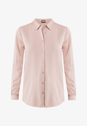 Lichtroze shirt met lange mouwen, gemaakt van gladde stof, met een klassieke kraag en knoopsluiting aan de voorkant; voorzien van knoopaccenten en manchetten.