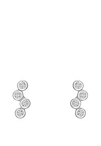 Silberne Ohrringe mit fünf kreisförmigen Fassungen aus klaren Kristallen, die in einem geschwungenen Design angeordnet sind und ihre elegante Struktur betonen.