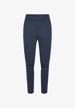 Navy blue tapered trousers made of soft fabric, featuring a flat front, pleats, and a smooth texture. No visible pockets or hardware.