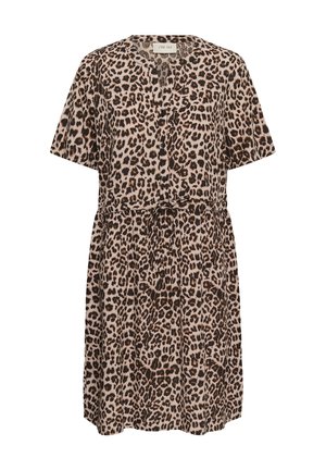 Korte mouwen, knie-lange jurk met luipaardprint, knoopsluiting aan de voorkant en tailleband in beige en zwarte tinten.