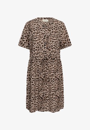 Sukienka o krótkich rękawach, do kolan, w panterkę, zapinana z przodu na guziki, z paskiem w talii w beżowo-czarnych tonacjach.