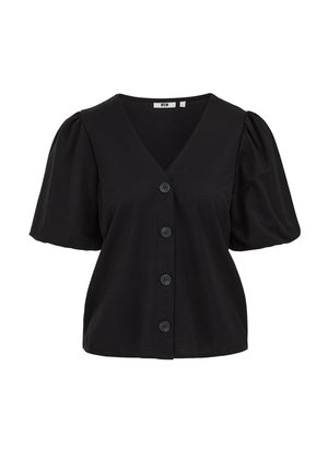 Blouse noire avec col en V, manches courtes bouffantes et quatre boutons noirs à l'avant.