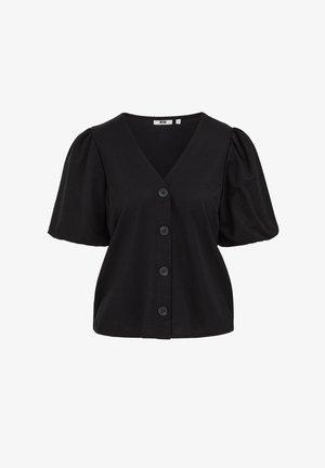 Czarna bluzka z dekoltem w serek, krótkimi bufkowatymi rękawami oraz czterema czarnymi guzikami z przodu.