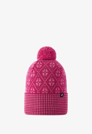 Pink knitted beanie with a textured pattern and a pom-pom on top. Features a ribbed cuff and a small black logo tag.
