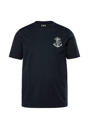 T-shirt a maniche corte blu navy in cotone, con una piccola stampa bianca di un'ancora e un logo sul lato sinistro del petto. Design classico con colletto tondo.