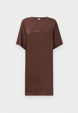 Robe marron à manches courtes avec un col rond et le logo "MaxMara" brodé sur la poitrine.