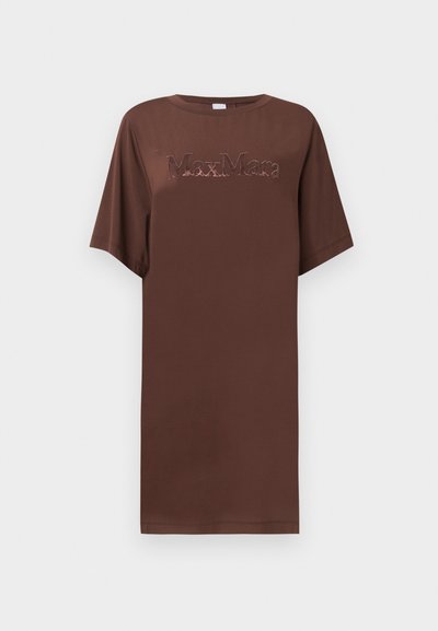 Robe marron à manches courtes avec un col rond et le logo "MaxMara" brodé sur la poitrine.