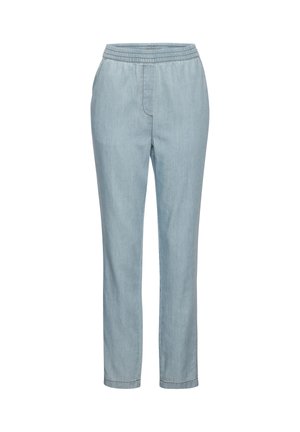 Hellblaue Jeanshose mit elastischem Bund, geraden Beinen und Seitentaschen, dargestellt auf weißem Hintergrund.