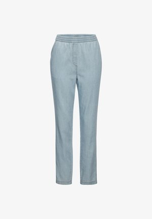Hellblaue Jeanshose mit elastischem Bund, geraden Beinen und Seitentaschen, dargestellt auf weißem Hintergrund.