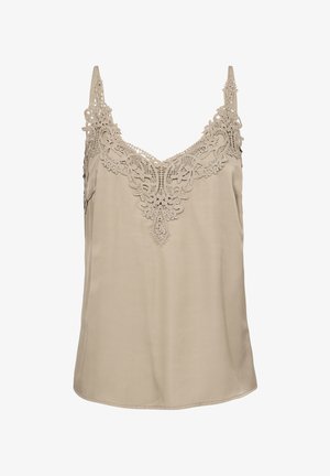 Beige ärmelloses Top mit filigranen Spitzenverzierungen entlang des Ausschnitts, verstellbaren Spaghettiträgern und einem weichen, fließenden Stoff.