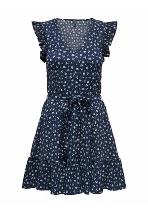 Kukkaprintti mekko tummansinisestä puuvillakankaasta, jossa on lyhyet röyhelöhihat, V-pääntie ja kiristettävä vyötärö, jossa on matching sitomisvyö. Leveä helma.