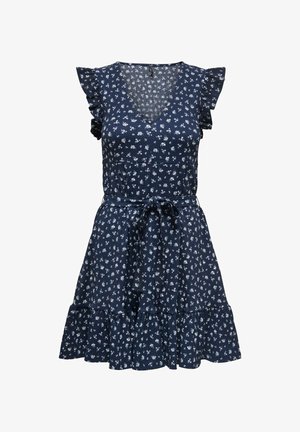 Floral print dress in navy blue cotton fabric with short ruffle sleeves, V-neckline, and a cinched waist with a matching tie belt. Flared skirt.