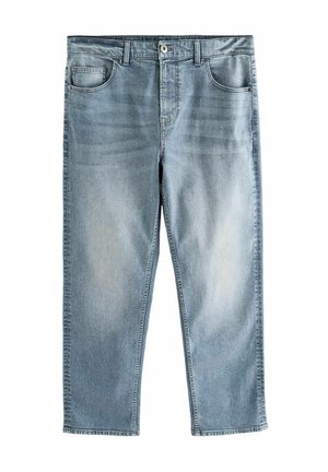 Ljust blå denimjeans, avslappnad passform, femficksdesign, knappstängning, lätt blekt struktur, raka ben, midjehöjd.