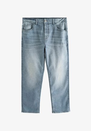 Svetlomodré denimové džínsy, voľný strih, dizajn s piatimi vreckami, zapínanie na gombík, mierne vyblednutá textúra, rovné nohavice, stredný pás.