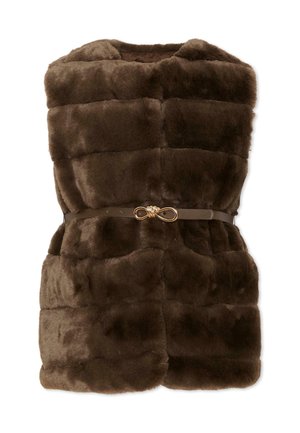 Gilet senza maniche in pelliccia sintetica marrone scuro con una cintura sottile abbinata con fibbia ad anello dorata in vita.