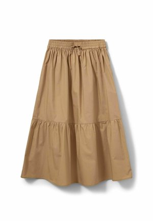 Béžová sukňa po kolená s volánmi, elastickým pásom a šnúrkou, vyrobená z hladkej, ľahkej tkaniny.