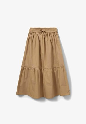 Gonna beige a balze al ginocchio con vita elastica e coulisse, realizzata in tessuto liscio e leggero.