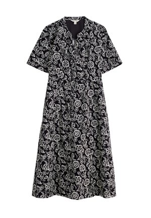 Abito nero con motivi floreali bianchi, maniche corte, scollatura tonda e silhouette svasata. Realizzato in un tessuto leggero e intrecciato.