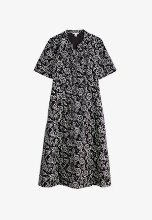 Abito nero con motivi floreali bianchi, maniche corte, scollatura tonda e silhouette svasata. Realizzato in un tessuto leggero e intrecciato.