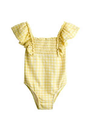 Maillot de bain pour tout-petit à carreaux jaune et blanc avec bretelles à volants et poitrine smockée, tissu texturé, sans arrière-plan.