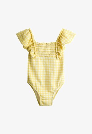 Costum de baie pentru copii mici, galben și alb în carouri gingham, cu bretele ruffle pe umeri și detaliu smock la piept, material texturat, fără fundal.