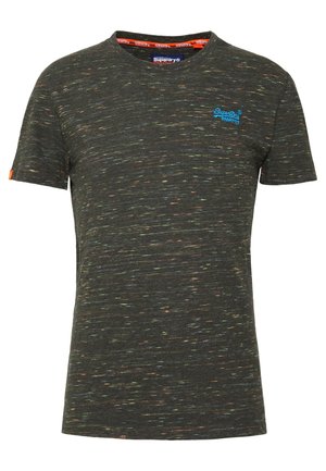 Kortærmet grå t-shirt lavet af tekstureret stof med farverige prikker. Har rund halsudskæring og et lille blåt logo på brystet.