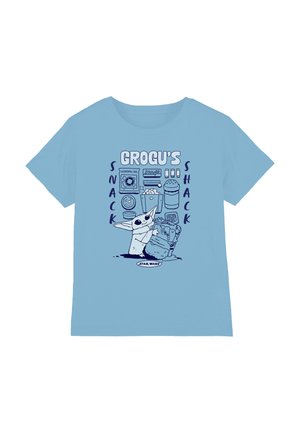 Blaues T-Shirt mit dem Schriftzug „Grogu's Snack Shack“, zeigt Grogu, der einen großen Snack hält, umgeben von verschiedenen Snack-Illustrationen.
