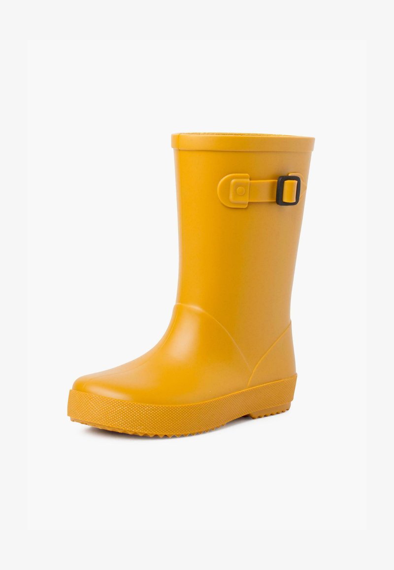 Botas de lluvia de goma amarillas con un acabado liso, punta redonda y un acento de hebilla negra en el lateral. Suela texturizada para un mejor agarre.