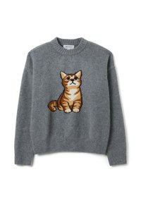 Grijze gebreide trui met een kleurrijk, gedetailleerd kattenontwerp op de voorkant. Ronde halslijn en rib gebreide manchetten en zoom. Zachte textuur.