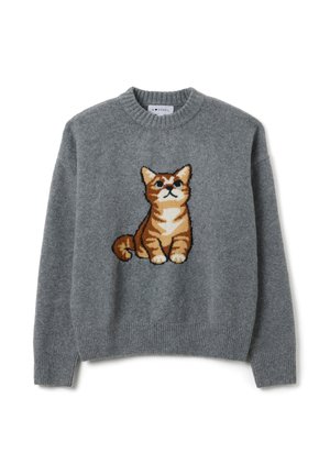 Suéter gris de punto con un diseño colorido y detallado de un gato en la parte frontal. Cuello redondo y puños y dobladillo de canalé. Textura suave.