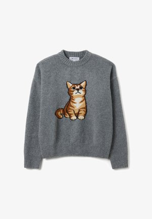 Grijze gebreide trui met een kleurrijk, gedetailleerd kattenontwerp op de voorkant. Ronde halslijn en rib gebreide manchetten en zoom. Zachte textuur.