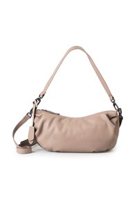 Beige leren handtas met een zachte, ronde vorm. Voorzien van een afneembare schouderband en een ritssluiting. Geweven oppervlak met een minimalistisch ontwerp.