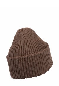 Brown knit beanie with textured ribbed pattern, conical top, and folded cuff. Made of soft material for warmth and comfort.