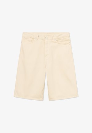 Beige knee-length denim shorts with front button, zipper, belt loops, and five-pocket design on a white background.